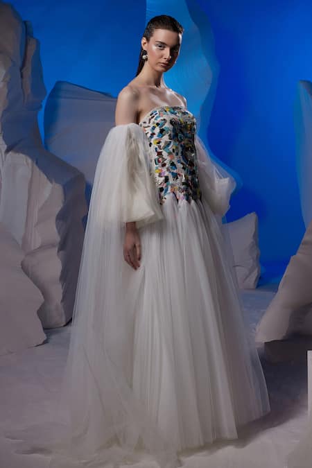 Samant Chauhan Ivory Cotton, Net, Silk Embroidery Off-shoulder Colorful Gown Online at Aza Fashions Samant Chauhan_Ivory Cotton, Net, Silk Embroidery Off-shoulder Colorful Gown _Online_at_Aza_Fashions