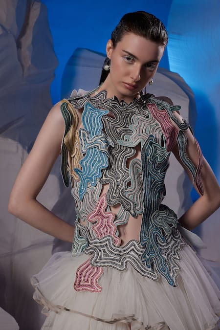 Samant Chauhan_Ivory Cotton, Silk, Net Embroidery High Neck Abstract Tiered High-low Dress _Online_at_Aza_Fashions