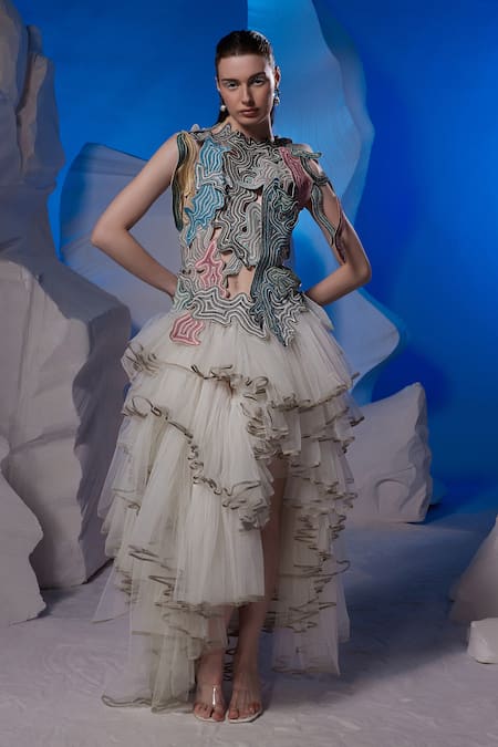 Samant Chauhan Abstract Embroidered Tiered High-Low Dress 