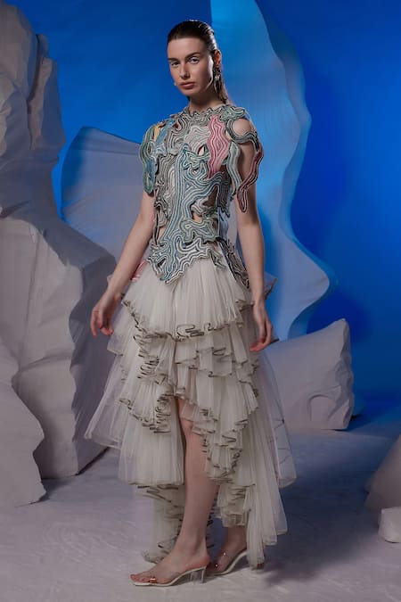 Buy_Samant Chauhan_Ivory Cotton, Silk, Net Embroidery High Neck Abstract Tiered High-low Dress _Online_at_Aza_Fashions