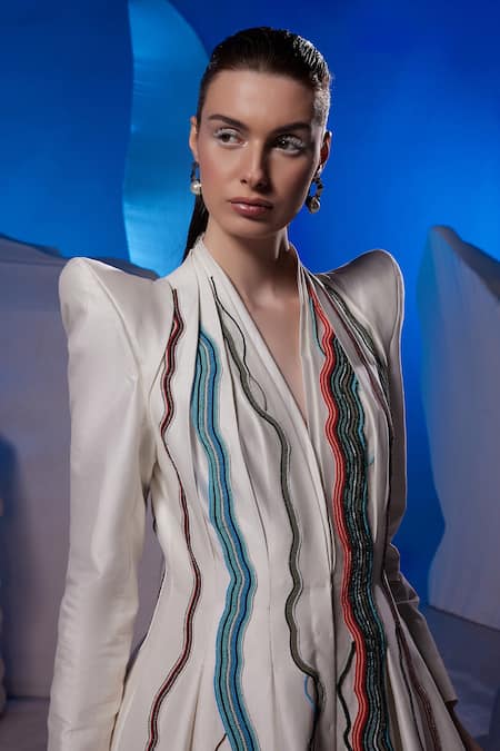 Samant Chauhan_Ivory Cotton, Silk Embroidery V-neck Wavy Thread Gown _Online_at_Aza_Fashions