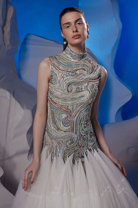 Samant Chauhan Ivory Net, Cotton Embroidery High Neck Sleeveless Gown Online at Aza Fashions Samant Chauhan_Ivory Net, Cotton Embroidery High Neck Sleeveless Gown _Online_at_Aza_Fashions