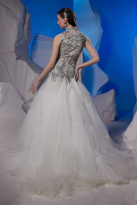 Samant Chauhan Embroidered High Neck Sleeveless Gown 