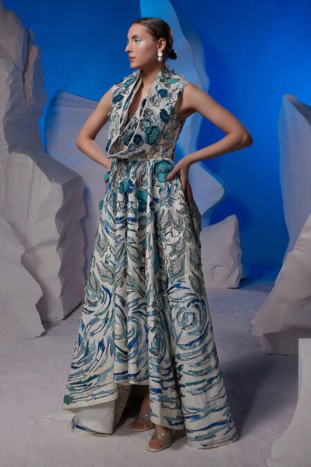 Samant Chauhan_Ivory Cotton, Silk Embroidery Cowl Neck Draped Gown _Online_at_Aza_Fashions