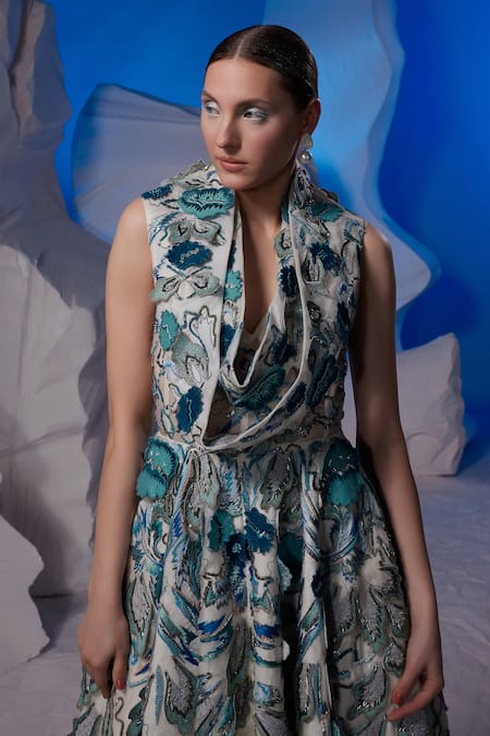 Buy_Samant Chauhan_Ivory Cotton, Silk Embroidery Cowl Neck Draped Gown _Online_at_Aza_Fashions