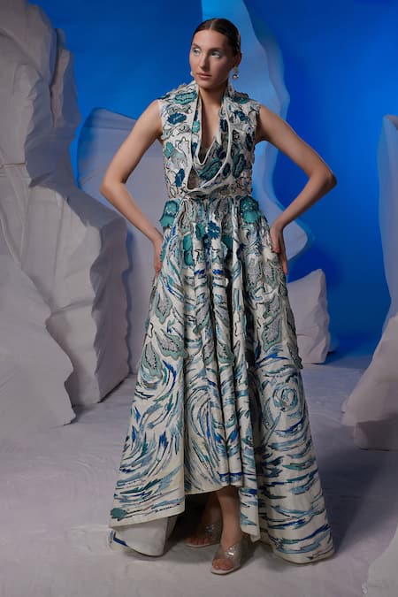 Samant Chauhan Embroidered Draped Neck Gown 