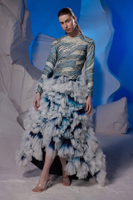 Samant Chauhan Multi Color Cotton, Silk, Net Ruffles Round Neck Abstract Pattern Gown Online at Aza Fashions Samant Chauhan_Multi Color Cotton, Silk, Net Ruffles Round Neck Abstract Pattern Gown _Online_at_Aza_Fashions