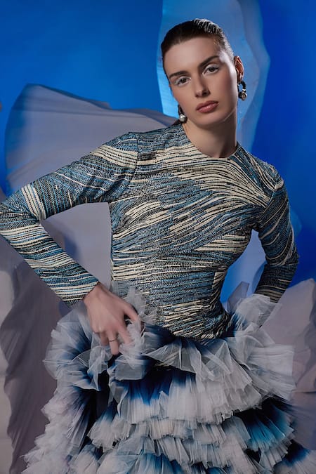 Buy Samant Chauhan Multi Color Cotton, Silk, Net Ruffles Round Neck Abstract Pattern Gown Online at Aza Fashions Buy_Samant Chauhan_Multi Color Cotton, Silk, Net Ruffles Round Neck Abstract Pattern Gown _Online_at_Aza_Fashions