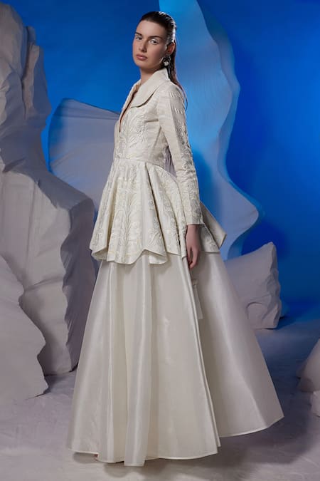 Buy_Samant Chauhan_Off White Organza, Cotton, Silk Embroidery V-neck, Peplum Top And Skirt Set _Online_at_Aza_Fashions