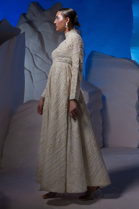 Samant Chauhan_Off White Cotton, Silk Embroidery, Sequins Mandarin High Neck Full Sleeve Gown _Online_at_Aza_Fashions