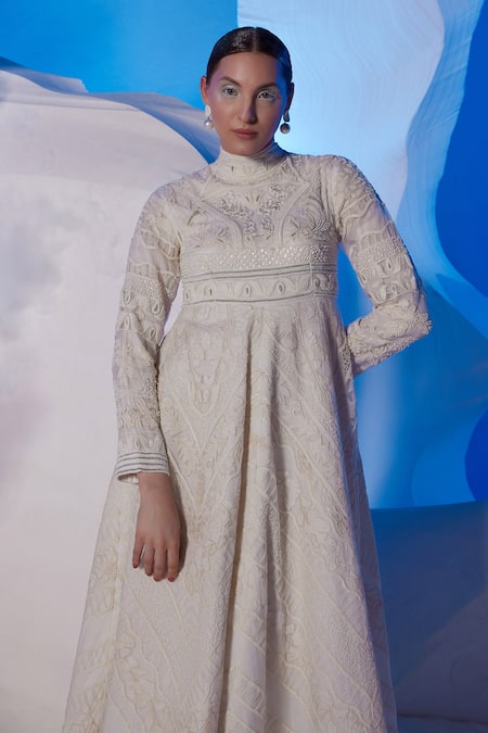 Buy_Samant Chauhan_Off White Cotton, Silk Embroidery, Sequins Mandarin High Neck Full Sleeve Gown _Online_at_Aza_Fashions