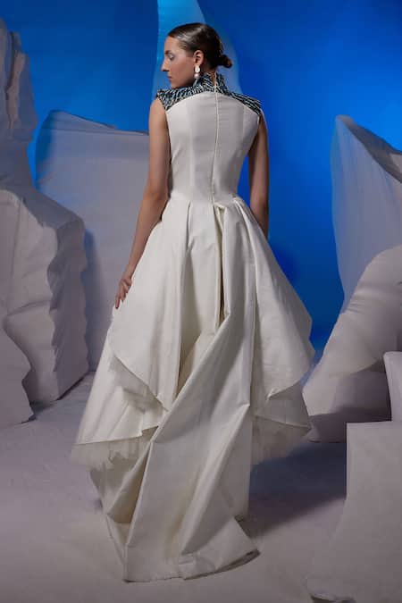 Samant Chauhan Off White Cotton, Net, Silk Embroidery High Neck Sleeveless Gown Online at Aza Fashions Samant Chauhan_Off White Cotton, Net, Silk Embroidery High Neck Sleeveless Gown _Online_at_Aza_Fashions
