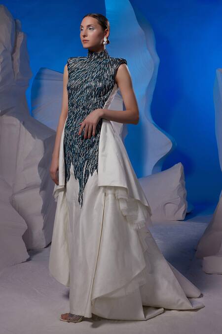 Buy Samant Chauhan Off White Cotton, Net, Silk Embroidery High Neck Sleeveless Gown Online at Aza Fashions Buy_Samant Chauhan_Off White Cotton, Net, Silk Embroidery High Neck Sleeveless Gown _Online_at_Aza_Fashions