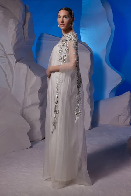 Samant Chauhan_Ivory Organza, Cotton, Silk Embroidery, Metallic Thread Round Neck Kaftan _Online_at_Aza_Fashions
