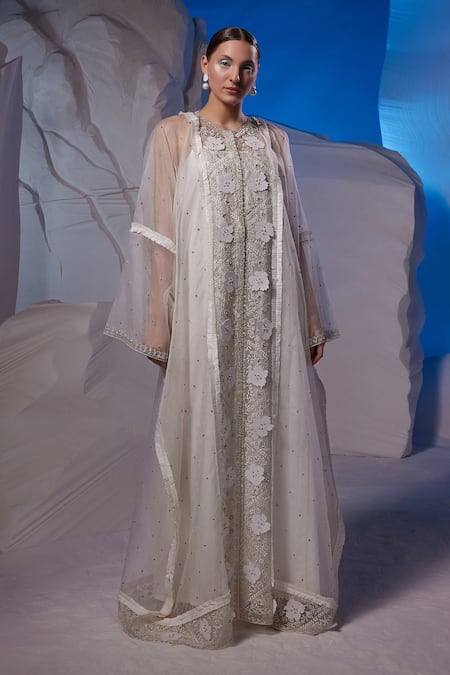 Samant Chauhan_Ivory Cotton, Silk, Organza Applique, Sequins, Embroidery, Floral Kaftan _Online_at_Aza_Fashions