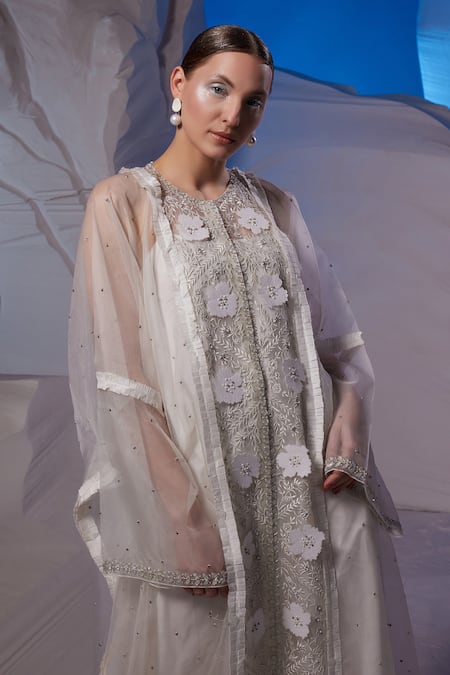Buy_Samant Chauhan_Ivory Cotton, Silk, Organza Applique, Sequins, Embroidery, Floral Kaftan _Online_at_Aza_Fashions
