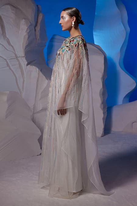 Samant Chauhan_Ivory Cotton, Organza, Silk Beads, Metallic Thread Beaded Feather Motif Kaftan  _Online_at_Aza_Fashions