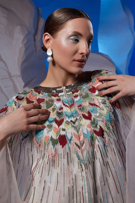 Buy_Samant Chauhan_Ivory Cotton, Organza, Silk Beads, Metallic Thread Beaded Feather Motif Kaftan  _Online_at_Aza_Fashions
