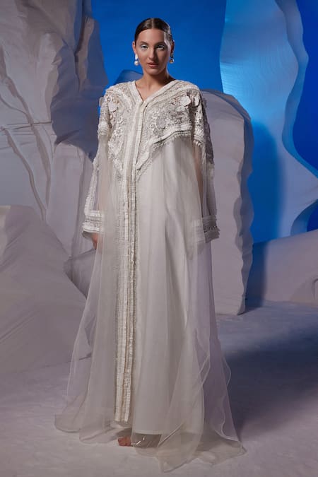 Samant Chauhan_Ivory Cotton, Silk, Organza Embroidery, Applique, Sequins V-neck Floral Kaftan _Online_at_Aza_Fashions