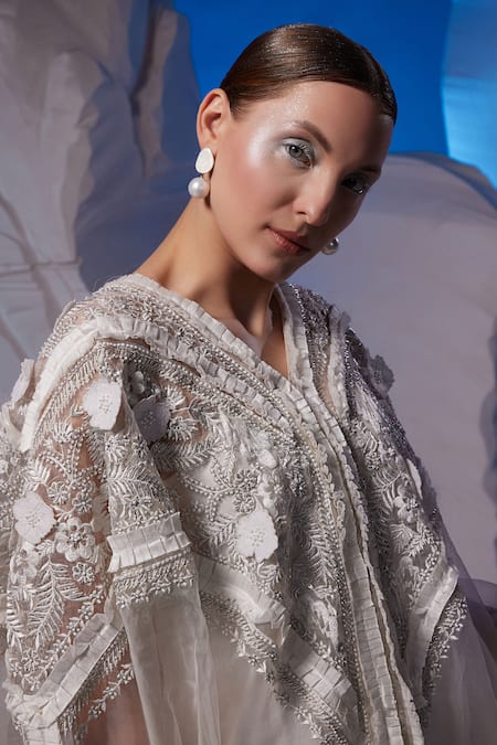 Buy_Samant Chauhan_Ivory Cotton, Silk, Organza Embroidery, Applique, Sequins V-neck Floral Kaftan _Online_at_Aza_Fashions