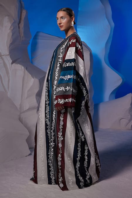 Buy Samant Chauhan Multi Color Embroidery Round Neck Striped Floral Kaftan Online at Aza Fashions Buy_Samant Chauhan_Multi Color Embroidery Round Neck Striped Floral Kaftan _Online_at_Aza_Fashions