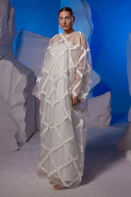 Samant Chauhan_Ivory Organza Ruffles Round Neck Criss Cross Kaftan _Online_at_Aza_Fashions