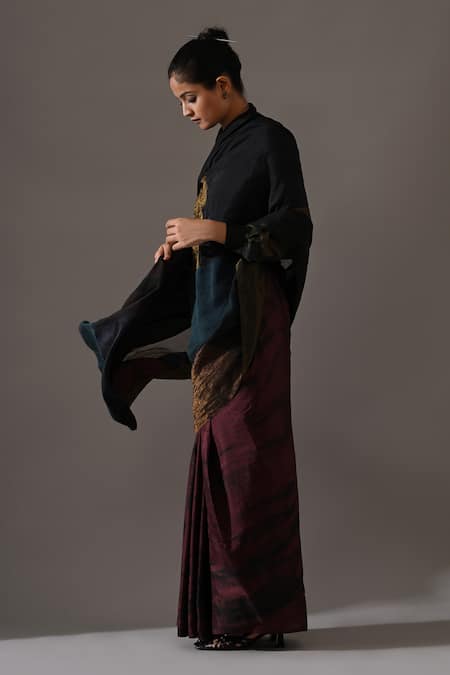 Medha Multi Color Silk Patchwork, Tassels Collared Pattern Dye Saree With Shirt Online at Aza Fashions Medha_Multi Color Silk Patchwork, Tassels Collared Pattern Dye Saree With Shirt _Online_at_Aza_Fashions