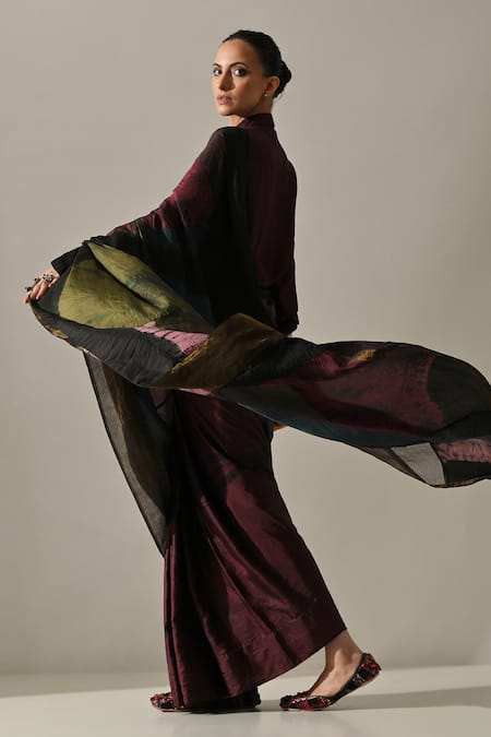 Shop Medha Multi Color Silk Patchwork, Tassels Collared Pattern Dye Saree With Shirt Online at Aza Fashions Shop_Medha_Multi Color Silk Patchwork, Tassels Collared Pattern Dye Saree With Shirt _Online_at_Aza_Fashions