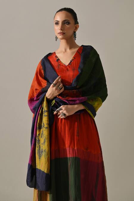 Medha_Orange Silk, Tissue Embroidery Split V-neck Panelled Tie Dye Kurta Set _Online_at_Aza_Fashions