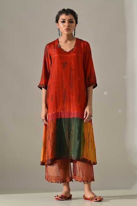 Shop_Medha_Orange Silk, Tissue Embroidery Split V-neck Panelled Tie Dye Kurta Set _Online_at_Aza_Fashions