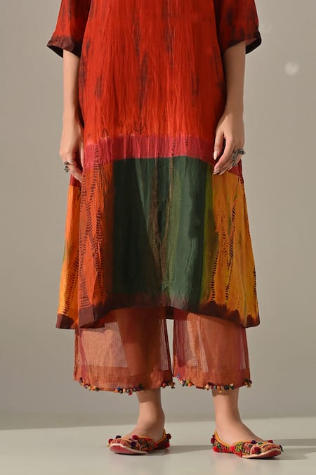 Medha_Orange Silk, Tissue Embroidery Split V-neck Panelled Tie Dye Kurta Set _at_Aza_Fashions