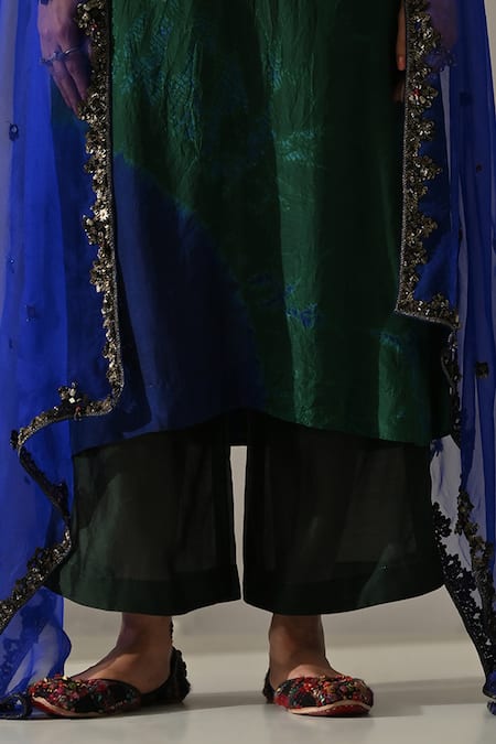 Medha_Emerald Green , Chanderi, Organza Embroidery, Tie Dye Kurta Pant Set _Online_at_Aza_Fashions
