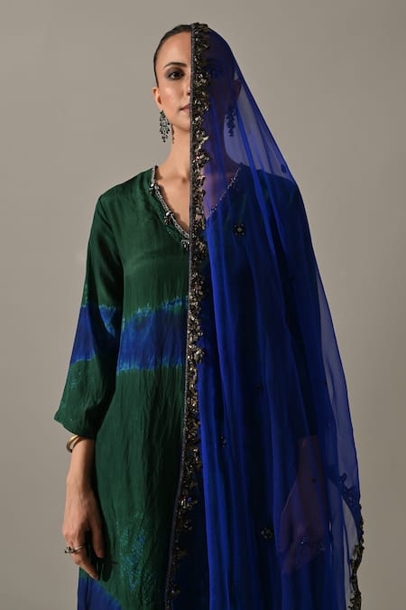 Shop_Medha_Emerald Green , Chanderi, Organza Embroidery, Tie Dye Kurta Pant Set _Online_at_Aza_Fashions