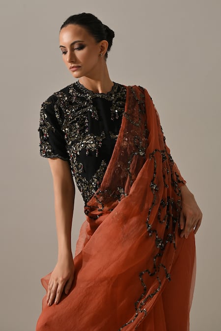 Medha_Peach Silk Organza, Cotton Sequins, Zari, Beads, Embroidery Saree With Blouse _Online_at_Aza_Fashions