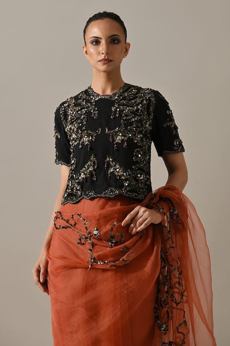 Buy_Medha_Peach Silk Organza, Cotton Sequins, Zari, Beads, Embroidery Saree With Blouse _Online_at_Aza_Fashions