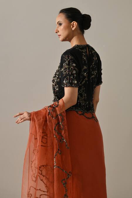 Medha_Peach Silk Organza, Cotton Sequins, Zari, Beads, Embroidery Saree With Blouse _at_Aza_Fashions