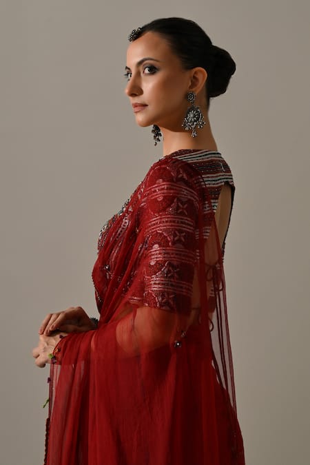 Medha Red Chiffon, Silk Organza, Cotton Embroidery, Zari Textured Saree With Blouse Online at Aza Fashions Medha_Red Chiffon, Silk Organza, Cotton Embroidery, Zari Textured Saree With Blouse _Online_at_Aza_Fashions
