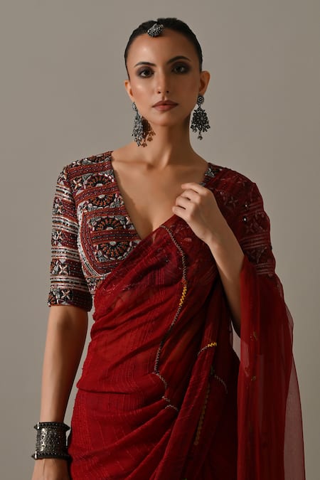 Shop Medha Red Chiffon, Silk Organza, Cotton Embroidery, Zari Textured Saree With Blouse Online at Aza Fashions Shop_Medha_Red Chiffon, Silk Organza, Cotton Embroidery, Zari Textured Saree With Blouse _Online_at_Aza_Fashions