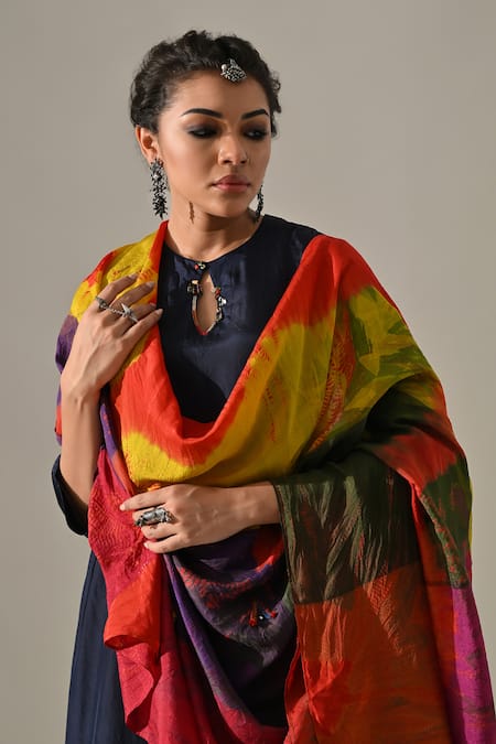 Shop_Medha_Blue Silk Embroidery Keyhole Neck Panelled Tie Dye Kurta Pant Set _Online_at_Aza_Fashions