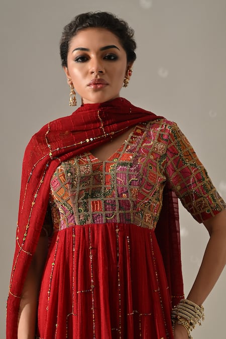 Buy_Medha_Red Chiffon, Tissue Embroidery, Sequins, Beads V-neck Hand Anarkali Pant Set _Online_at_Aza_Fashions
