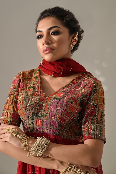 Medha_Red Chiffon, Tissue Embroidery, Sequins, Beads V-neck Hand Anarkali Pant Set _at_Aza_Fashions