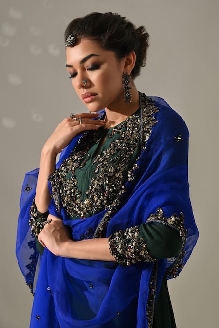 Shop_Medha_Emerald Green , Tissue, Organza Embroidery, Sequins, Tunic Pant Set _Online_at_Aza_Fashions