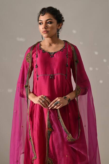 Buy_Medha_Pink , Tissue, Organza Embroidery, Beads, Zari Hand Tunic Pant Set _Online_at_Aza_Fashions