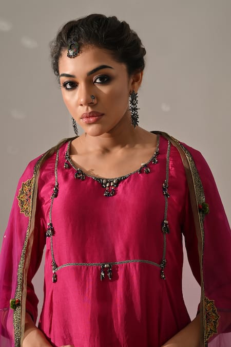 Shop_Medha_Pink , Tissue, Organza Embroidery, Beads, Zari Hand Tunic Pant Set _Online_at_Aza_Fashions