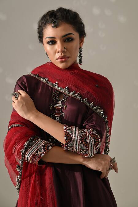 Medha_Purple , Tissue, Organza Embroidery, Beads, Sequins Hand Tunic Set _at_Aza_Fashions