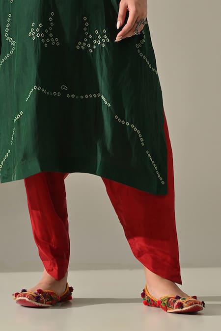 Medha_Green Silk Embroidery, Beads, Mirrors V-neck Hand Kurta And Salwar Set _Online_at_Aza_Fashions