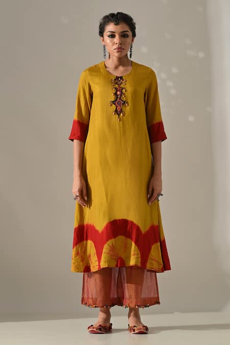 Medha_Yellow Silk, Tissue Embroidery, Beads, Mirrors Round Tie Dyed Tunic Pant Set _Online_at_Aza_Fashions