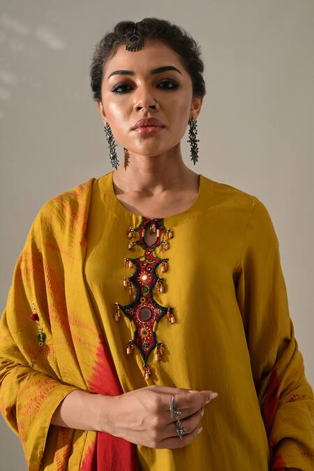 Shop_Medha_Yellow Silk, Tissue Embroidery, Beads, Mirrors Round Tie Dyed Tunic Pant Set _Online_at_Aza_Fashions