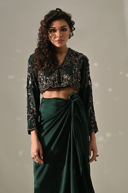 Medha_Emerald Green Satin, Sequins, Hand Embroidered Jacket And Wrap Skirt Set _Online_at_Aza_Fashions