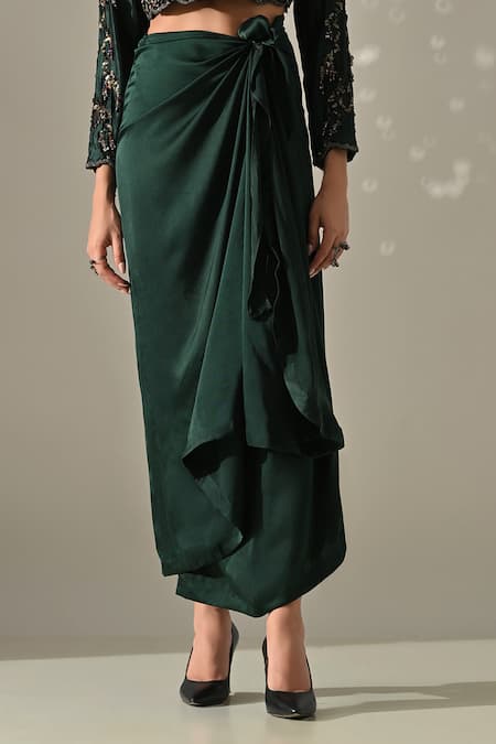 Shop_Medha_Emerald Green Satin, Sequins, Hand Embroidered Jacket And Wrap Skirt Set _Online_at_Aza_Fashions